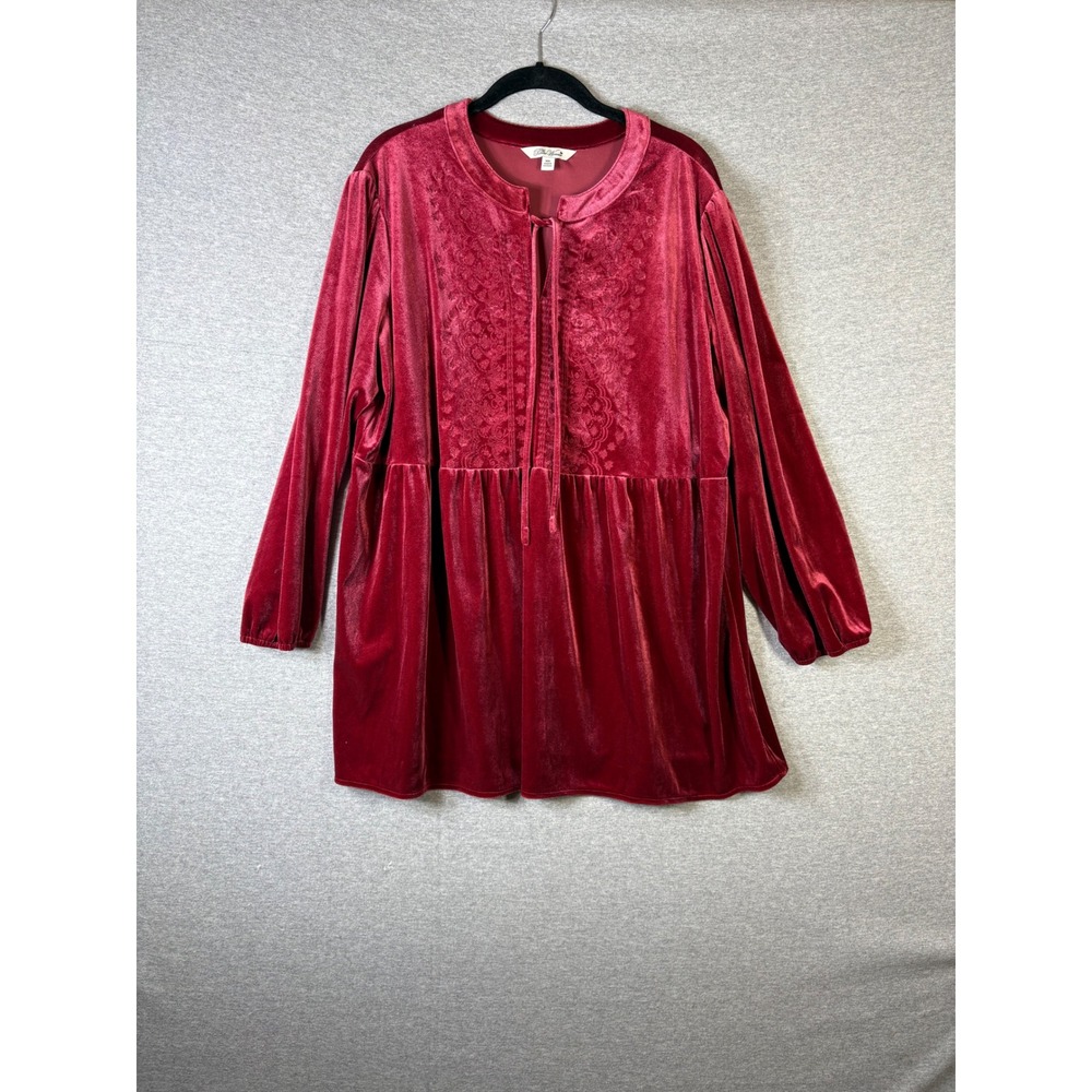 Pioneer Woman Red Velvet Embroidered Tunic Top XXL Long Sleeve Boho Blouse